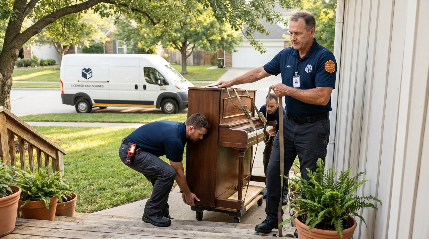 Licensed piano movers securing grand piano in Rio Grande, NJ