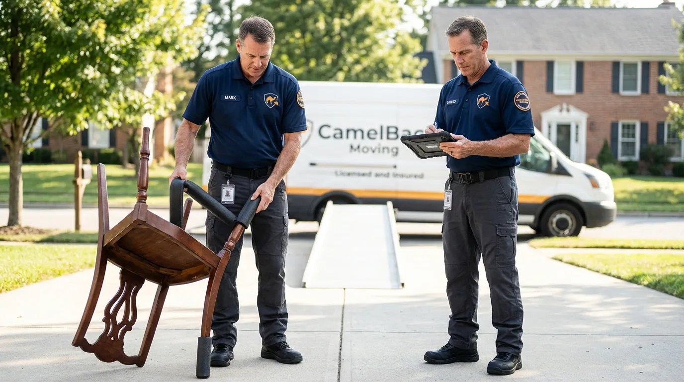 Movers inspecting furniture for damage prevention before loading in Rio Grande, NJ