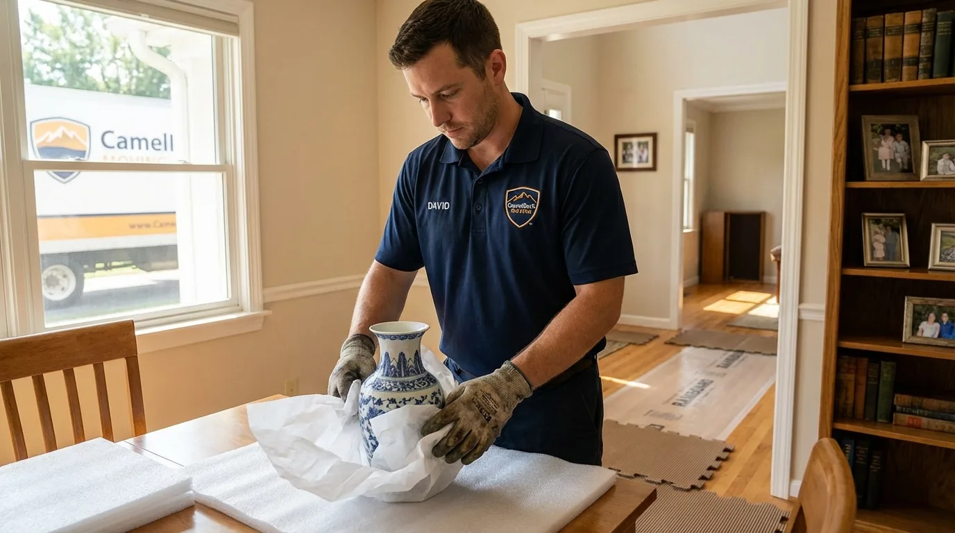 Professional crew carefully wrapping antique vase for senior downsizing move in Rio Grande, NJ